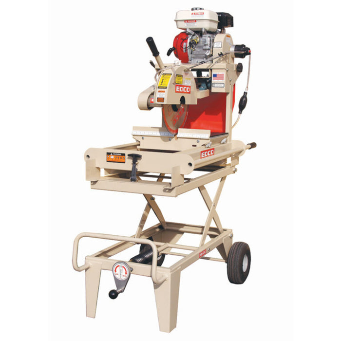EDCO 14-inch masonry saw with metal frame and cutting blade, designed for precise stone and brick cutting.