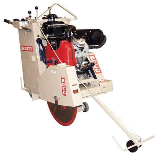 EDCO 20-inch self-propelled concrete and asphalt saw with rugged metal frame and engine, ready for cutting heavy-duty surfaces.