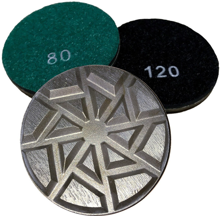 Diamond Products 3-inch metal transition grinding pucks, core prep accessories for smoothing and finishing surfaces.