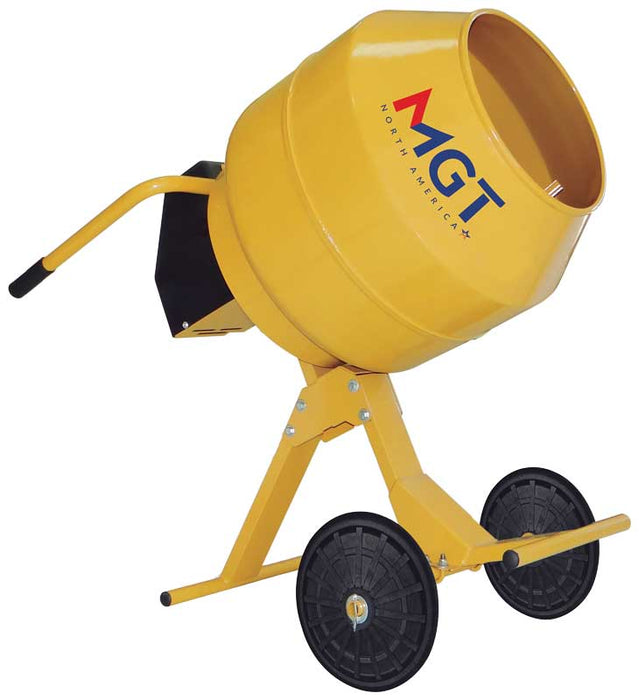 MGT Wheelbarrow Concrete Mixer with metal drum and handles for mixing concrete, ideal for construction and yard projects.