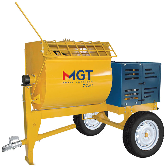 MGT Mortar Mixer for construction, showing the sturdy metal mixing drum and motor assembly in a professional workshop setting.