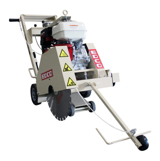 EDCO DS-20 walk-behind gasoline saw with 20-inch dual arbor for concrete and asphalt cutting, shown in a work setting.