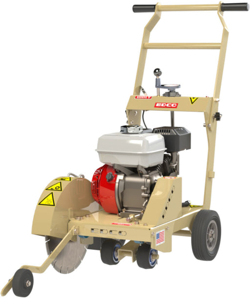 EDCO 14-inch compact walk-behind concrete and asphalt saw with a sturdy metal frame and cutting blade in action.