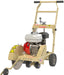 EDCO 14-inch compact walk-behind concrete and asphalt saw with a sturdy metal frame and cutting blade in action.