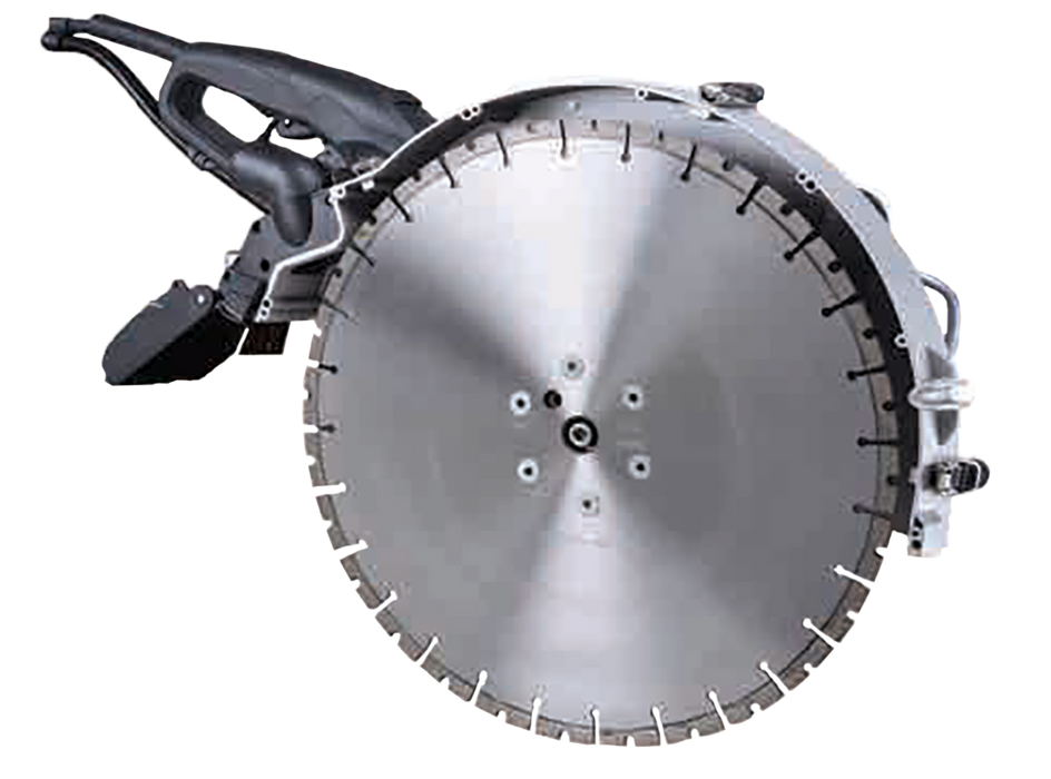 Diamond Products C16 electric hand saw with a 405mm blade cutting through concrete, showcasing its powerful and durable design.