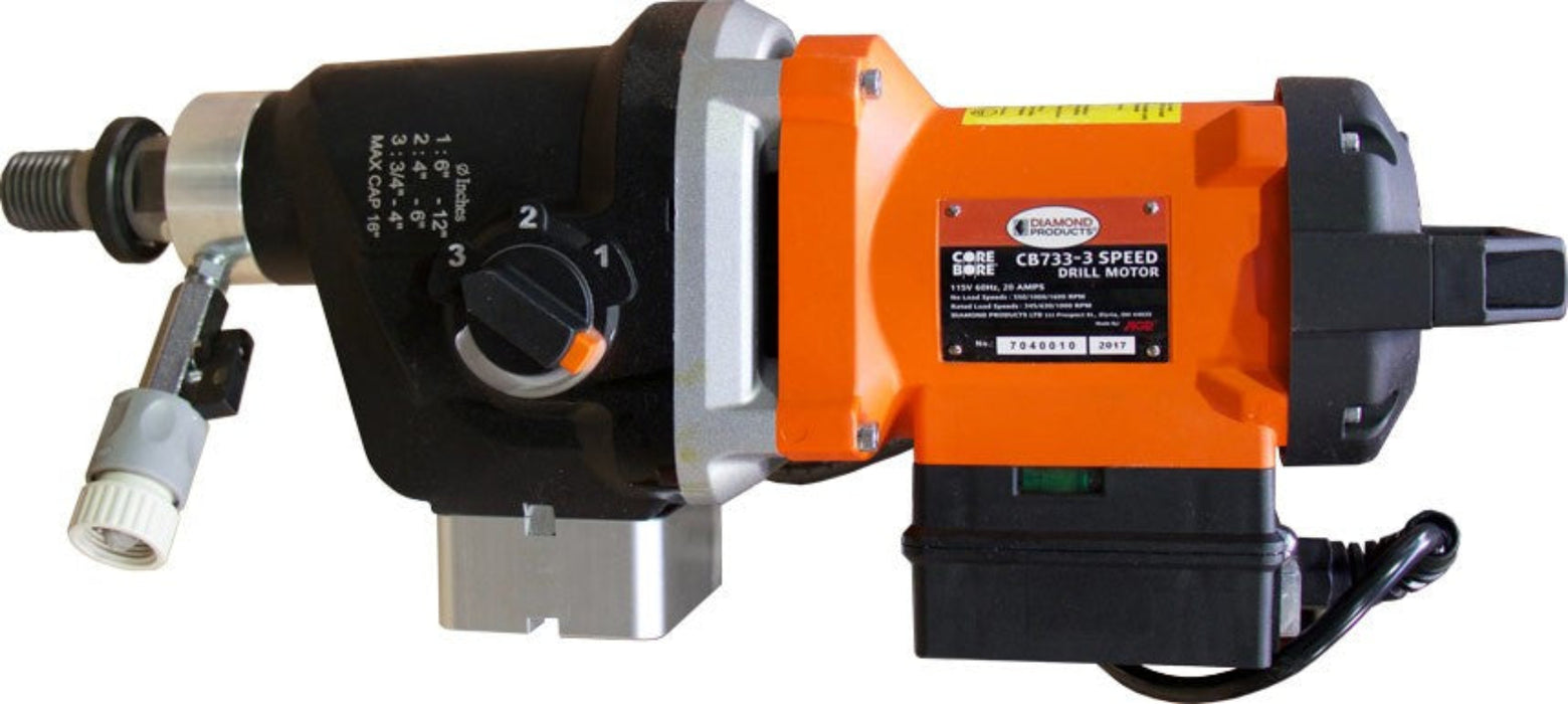Diamond Products CB733 & CB744 core bore mounted drill motors, showing sturdy construction and mounting details.