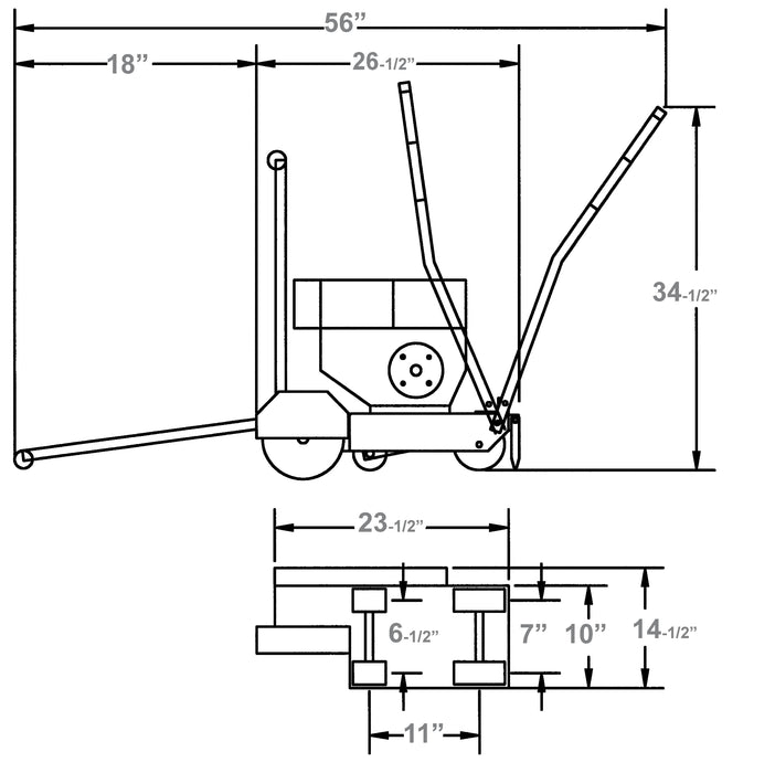 Diamond Products CC1000 small joint cutting saw, walk-behind blue footprint diagram showing blade and handle details.