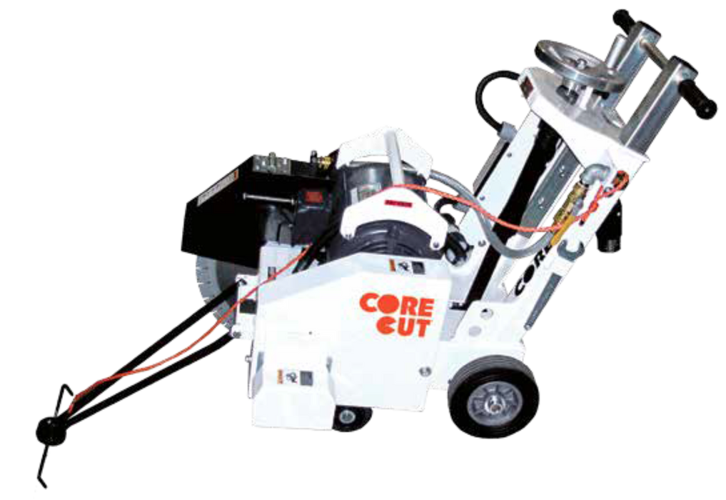 Diamond Products CC1500E walk-behind modular saw with a sturdy metal frame and large cutting blade in action.