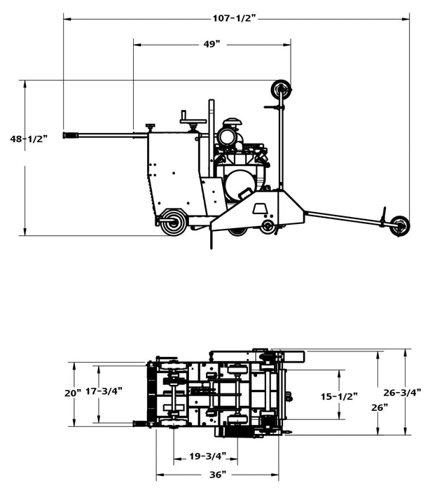 Blueprint of Diamond Products CC2500 medium walk behind saw showing technical details and design features.