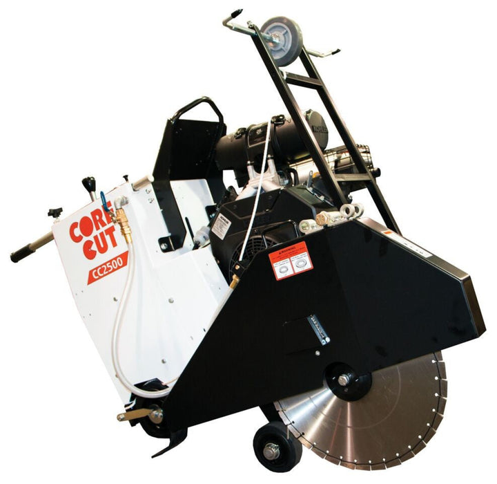 Diamond Products CC2500 medium walk behind saw with a sturdy metal frame and cutting blade for construction and concrete work.