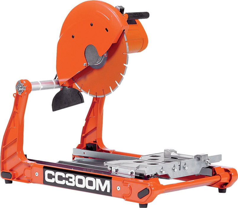 Diamond Products CC300M electric masonry saw with a large blade and sturdy metal frame, suitable for cutting brick and stone.