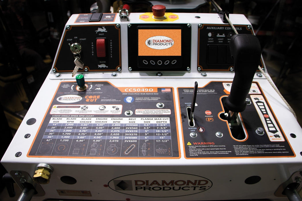 Control panel of Diamond Products CC5048DCV front pivot walk-behind saw showing switches and display interface.