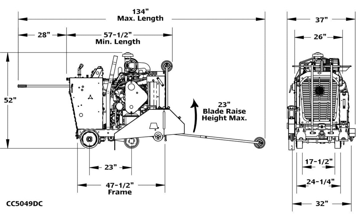 Diamond Products CC5048DCV front pivot walk-behind saw with sturdy metal frame and large cutting blade.