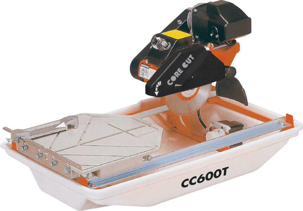 Diamond Products CC600T small tile saw with a silver metal frame and blade, ideal for precise tile cutting.