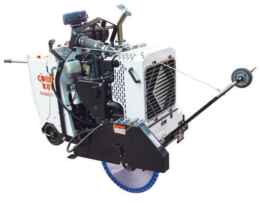 Diamond Products CC6571D diesel liquid-cooled walk-behind saw with a sturdy metal frame and large cutting blade for industrial use.