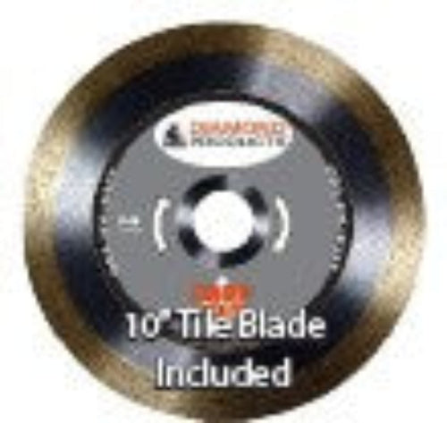 Diamond Products CC900TE Economy Tile Saw with blade installed, showing the compact tile cutting machine with safety guard.
