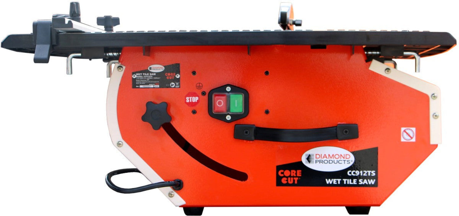 Side view of Diamond Products CC912TS tile saw with metal frame and cutting blade for precise tile cutting.