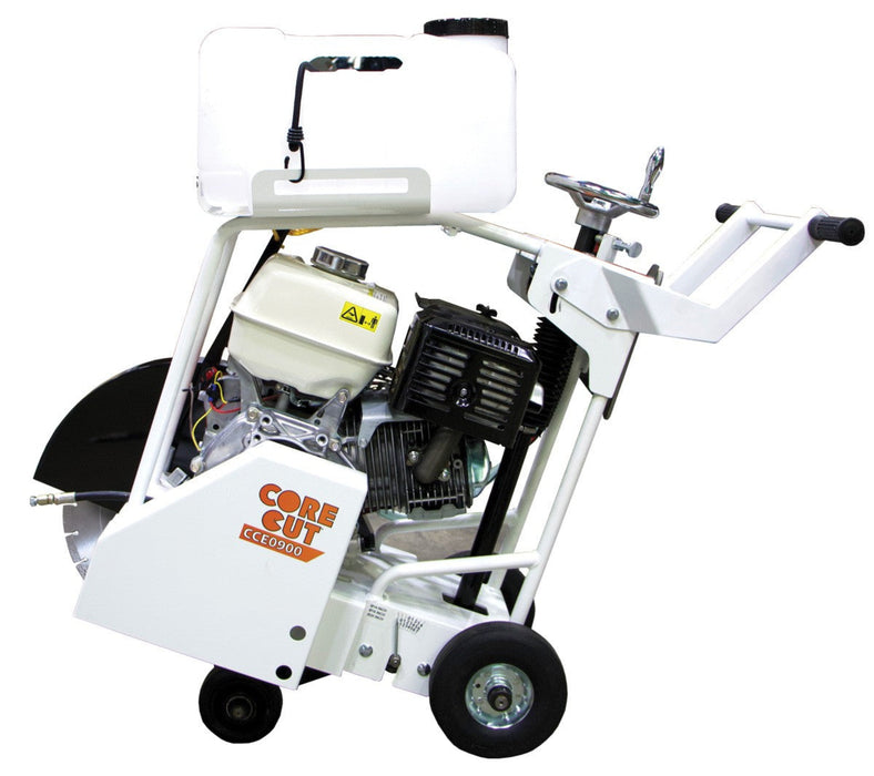 Diamond Products CCE0900 portable walk-behind saw displayed from the side, featuring a sturdy metal frame and cutting blade.