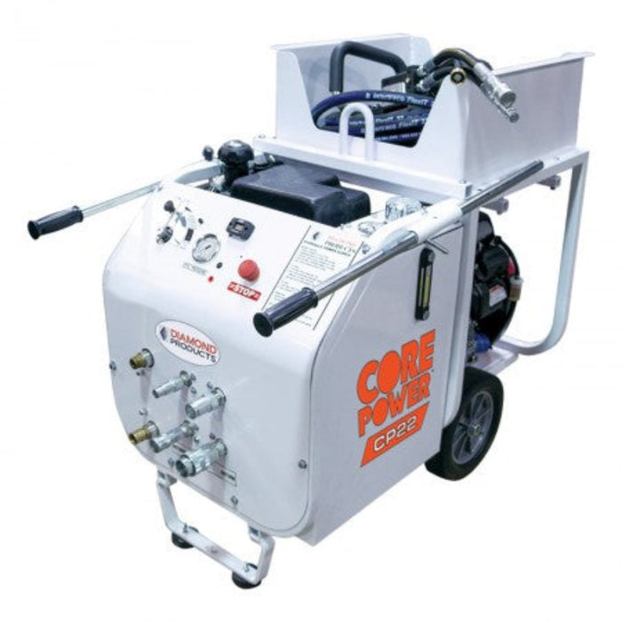 Diamond Products CP22HXL gas-powered hydraulic pump unit with wheeled frame and hose connections