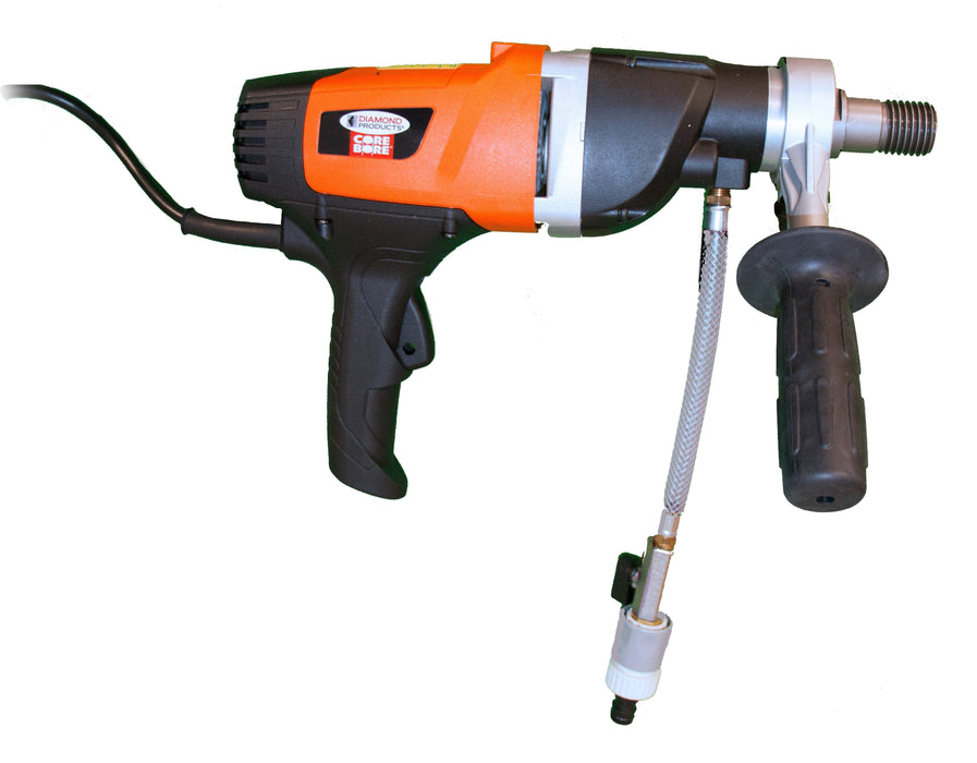 Diamond Products CB515 handheld drill motor mounted on a workbench, showing the compact design and control features of the power tool.