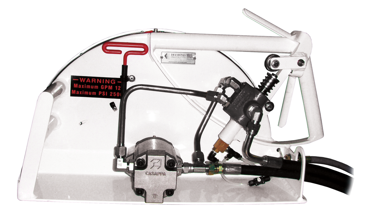 Diamond Products HS Series lightweight fixed guard on a hand saw, showing the durable guard and saw blade in use.