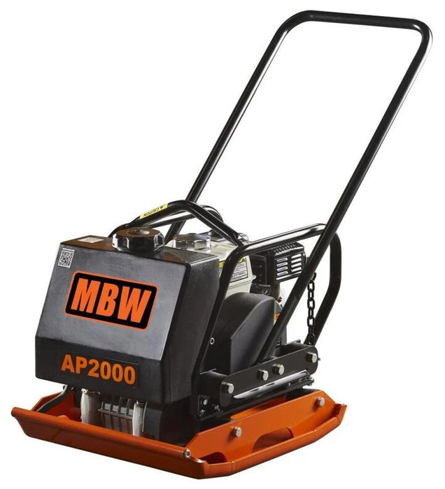 MBW AP2000 heavy duty vibratory plate compactor with water tank and Honda GX160 engine, used for soil and asphalt compaction.