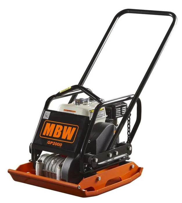 MBW GP2000 heavy-duty vibratory plate compactor with Honda GX160 engine, 2000 lbs force, used for soil and asphalt compaction.