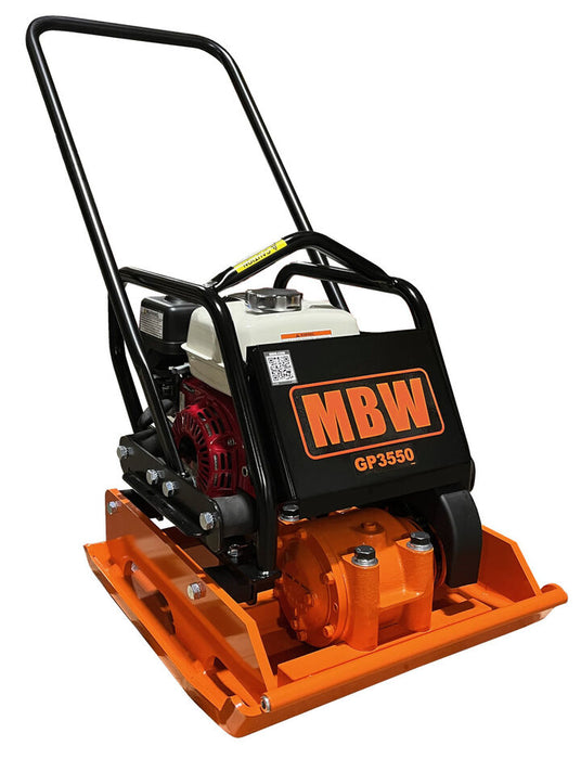 MBW GP3550 heavy duty vibratory plate compactor with 226lb weight and Honda GX160 engine, shown in detailed view.