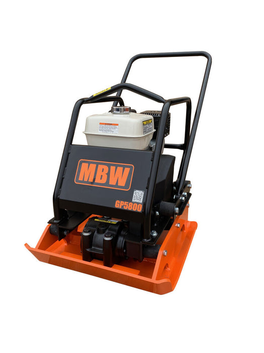 MBW GP5800 heavy-duty vibratory plate compactor with Honda GX270 engine, 288lb, used for soil and pavement compaction.