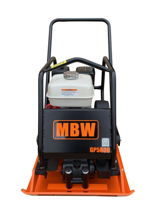 MBW GP5800 heavy duty vibratory plate compactor with Honda GX270 engine, 288lb, used for soil and asphalt compaction.