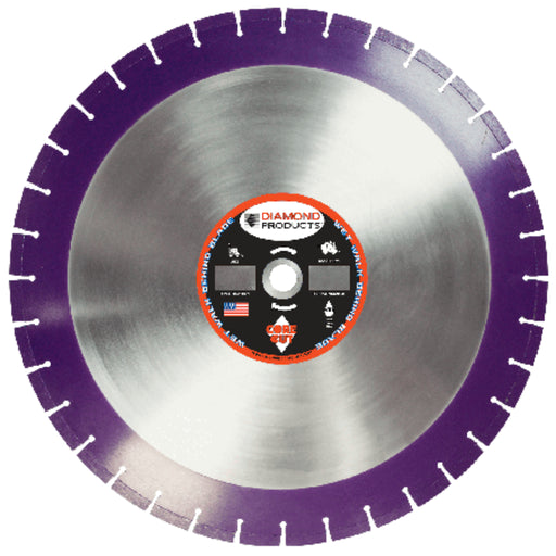 Diamond Products Imperial Purple Cured Concrete Diamond Blade for wet cutting, shown in use on concrete surface.