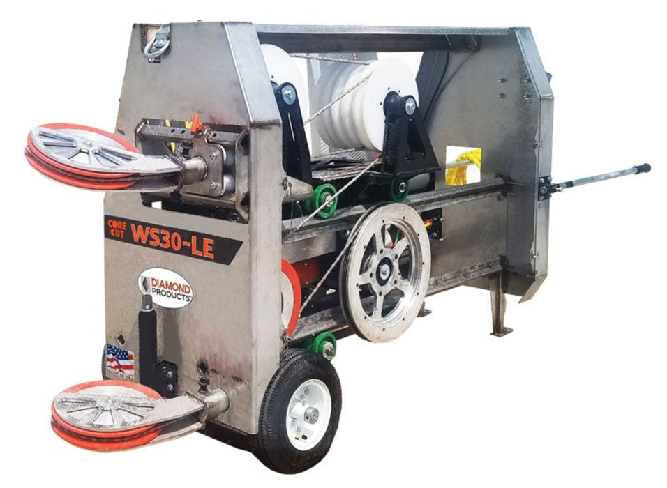Diamond Products WS30-LE high-cycle wire saw with wire spool, drive system, and wheeled frame